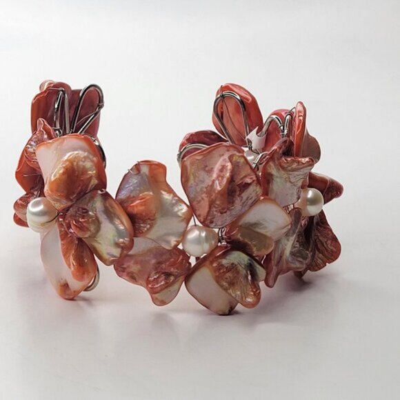 Coral Cuff Bracelet Freshwater Pearl and Mother Of Pearl Bangle NEW - Picture 4 of 8